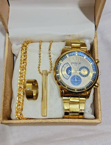 4 Pcs Golden Watch & Jewelry Set