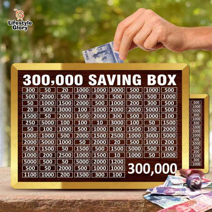 50,000 PKR Target Saving Box – Wooden Money Saving Box with Daily Saving Chart for Kids & Adults | Smart Money Box for Easy Savings