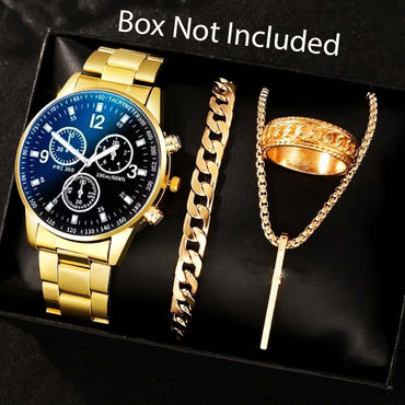 4 Pcs Golden Watch & Jewelry Set