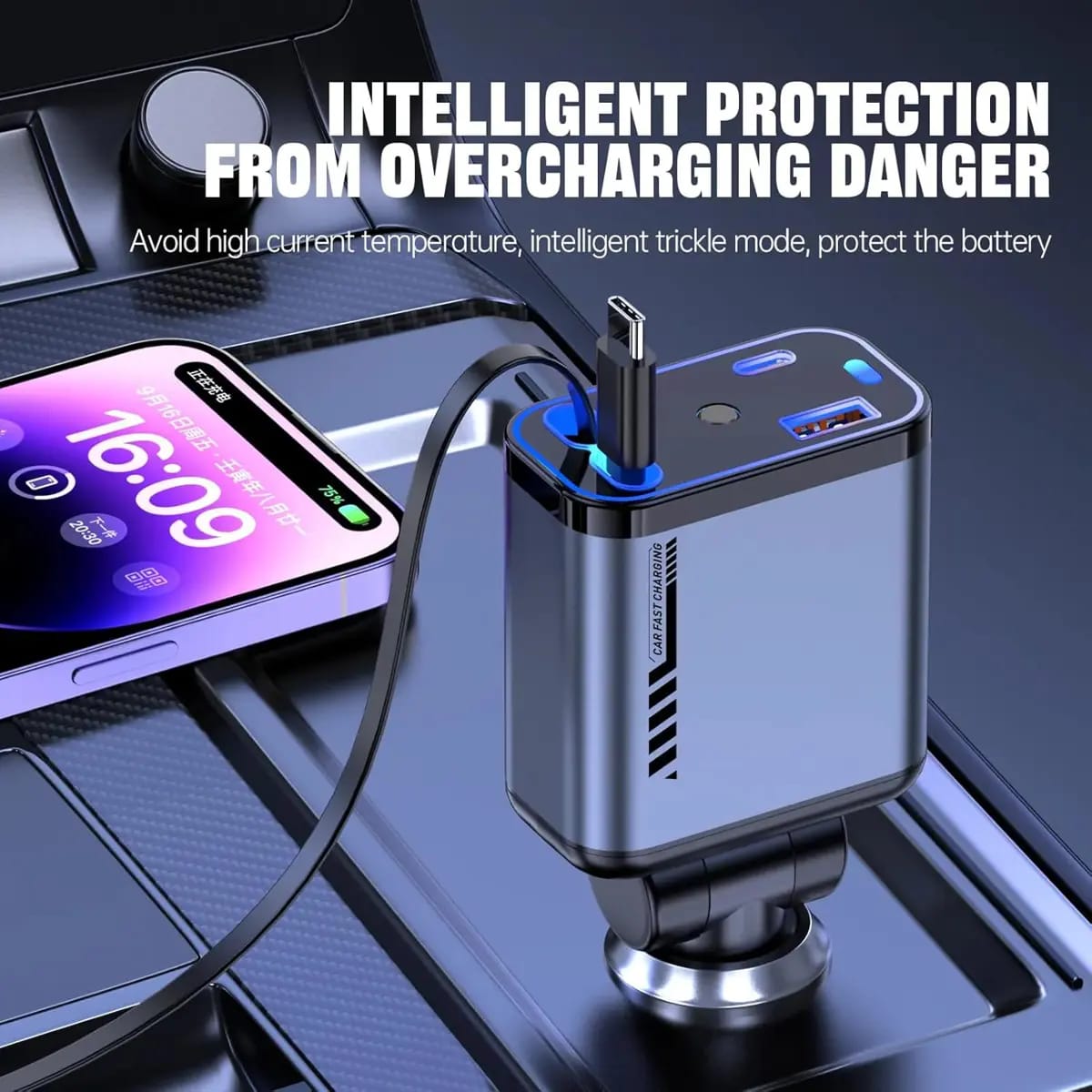 4-in-1 Fast Charging USB-C Car Adapter with LED Light – Multi-Port Power Charger for Travel