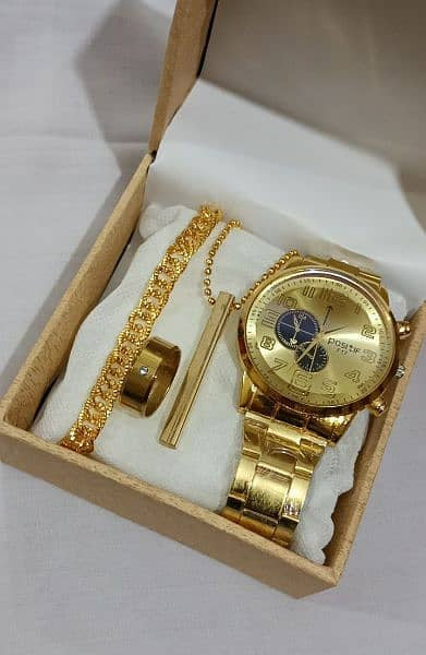 4 Pcs Golden Watch & Jewelry Set