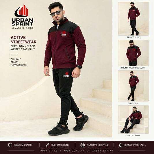 Urban Sprint Men’s Fleece Tracksuit – Maroon & Black