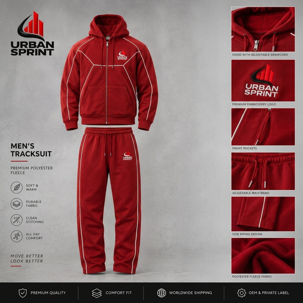 Men’s Premium Polyester Fleece Tracksuit – Red Hooded Sportswear Set | Urban Sprint