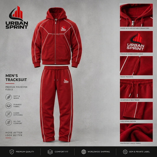 Men’s Premium Polyester Fleece Tracksuit – Red Hooded Sportswear Set | Urban Sprint