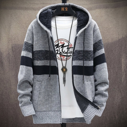 Men’s Grey & Black Hooded Zipper Cardigan Sweater | Stylish Winter Knit Hoodie Jacket