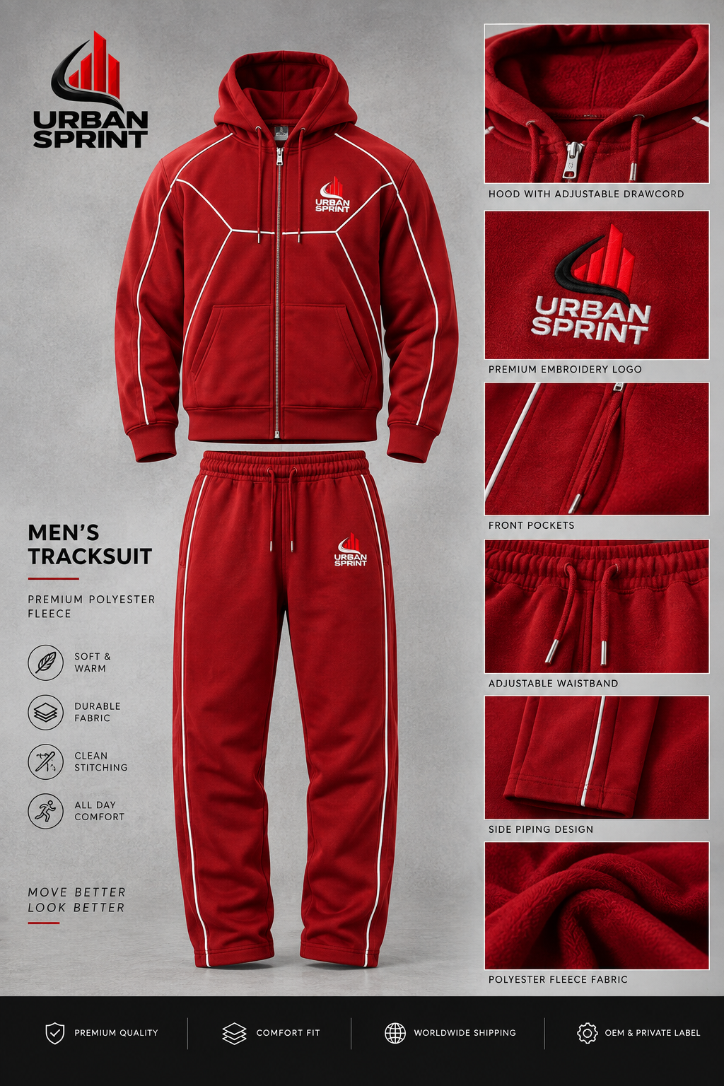 Men’s Premium Polyester Fleece Tracksuit – Red Hooded Sportswear Set | Urban Sprint