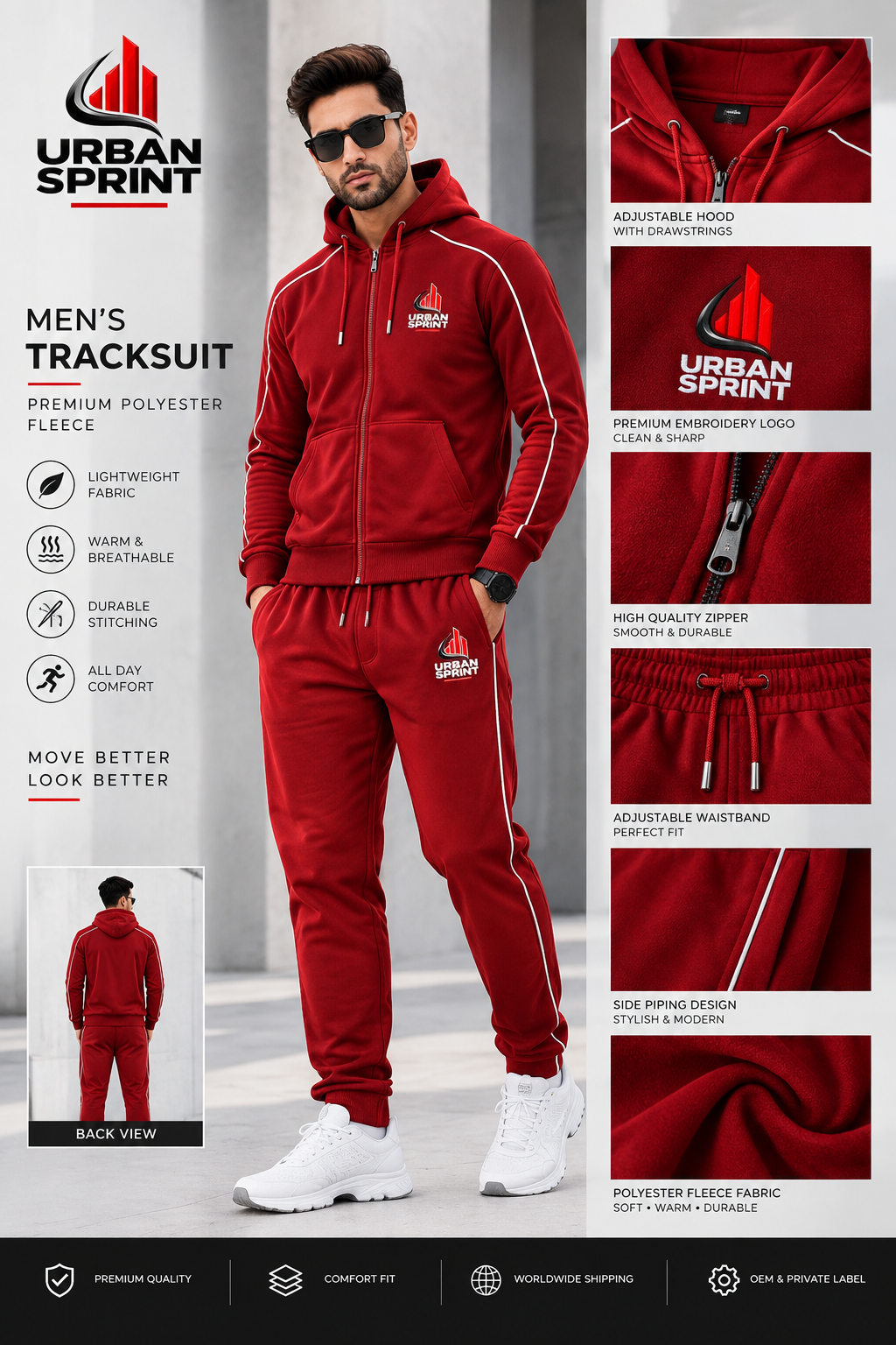 Men’s Premium Polyester Fleece Tracksuit – Red Hooded Sportswear Set | Urban Sprint