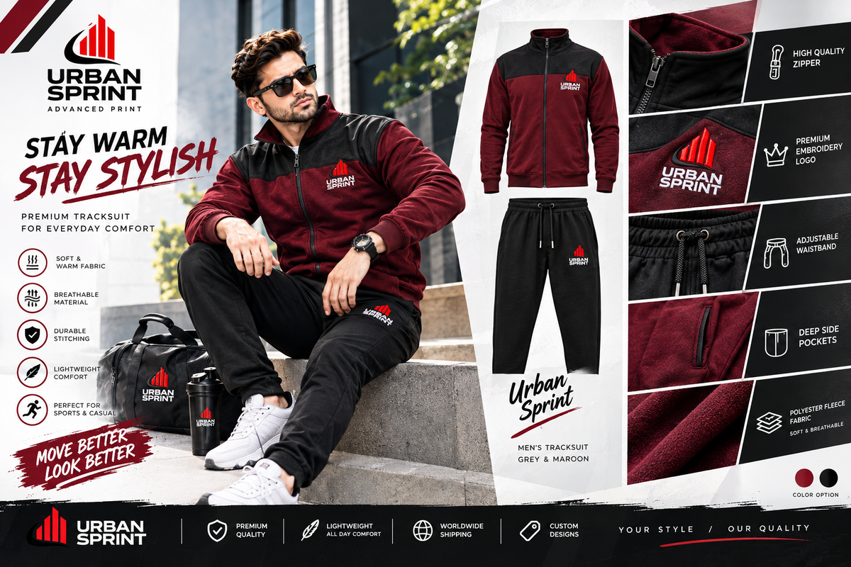 Urban Sprint Men’s Fleece Tracksuit – Maroon & Black