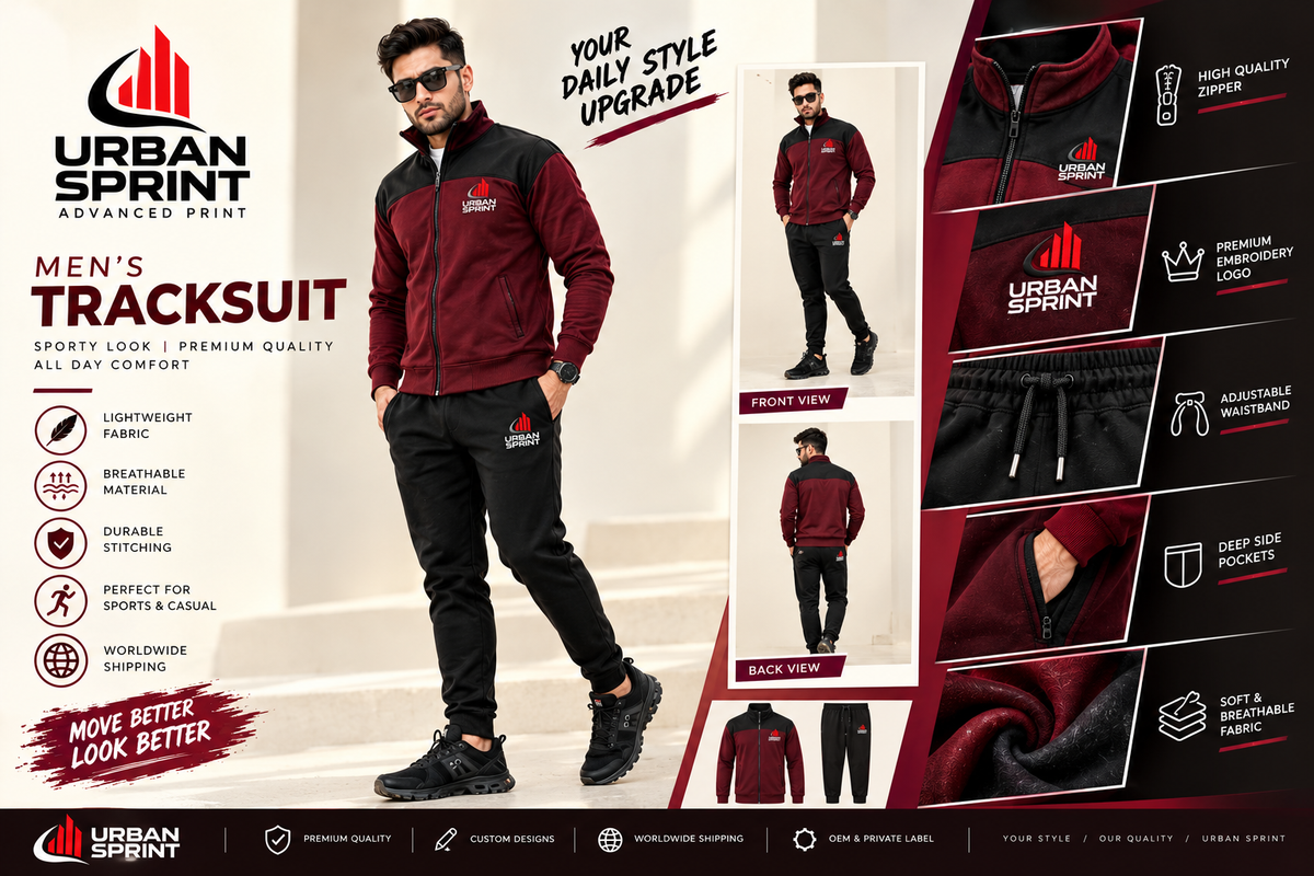 Urban Sprint Men’s Fleece Tracksuit – Maroon & Black