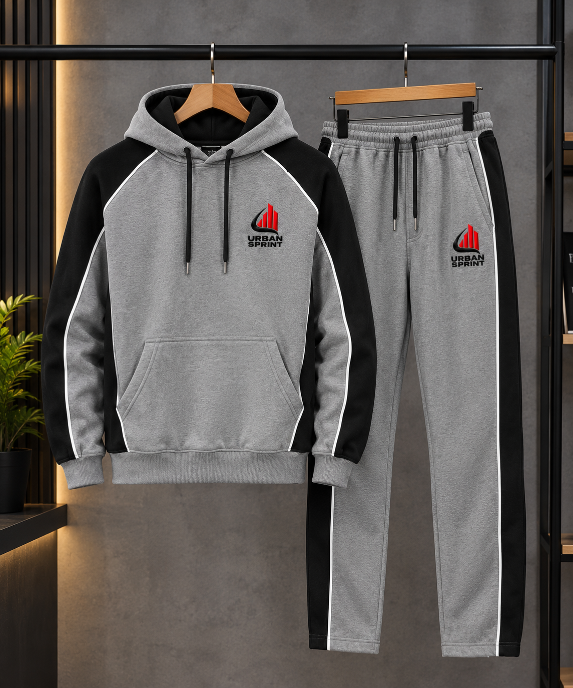 Men’s Premium Grey & Black Polyester Fleece Tracksuit | Urban Sprint