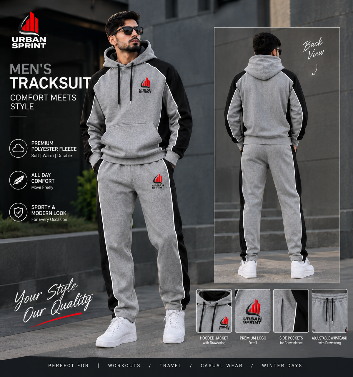 Men’s Premium Grey & Black Polyester Fleece Tracksuit | Urban Sprint