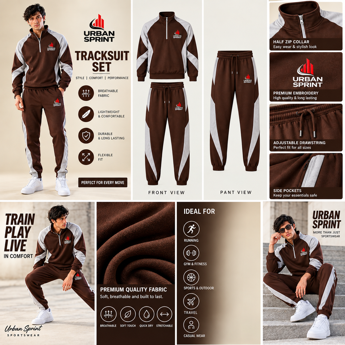 Men's Brown & Grey Half-Zip Tracksuit Set | Urban Sprint