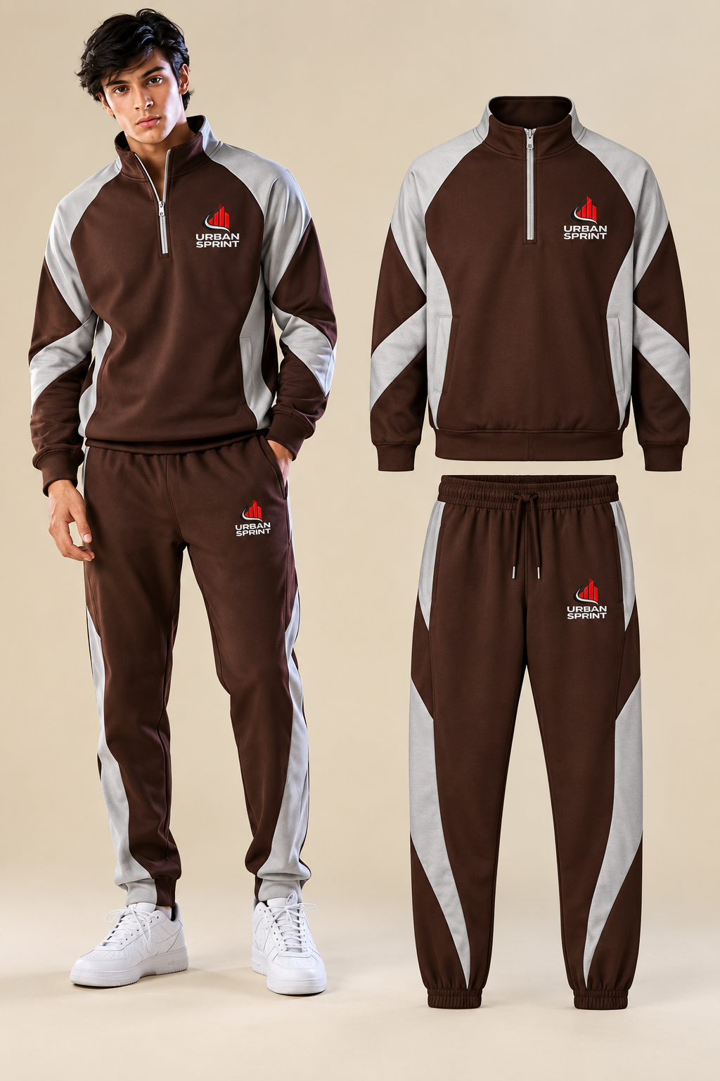 Men's Brown & Grey Half-Zip Tracksuit Set | Urban Sprint